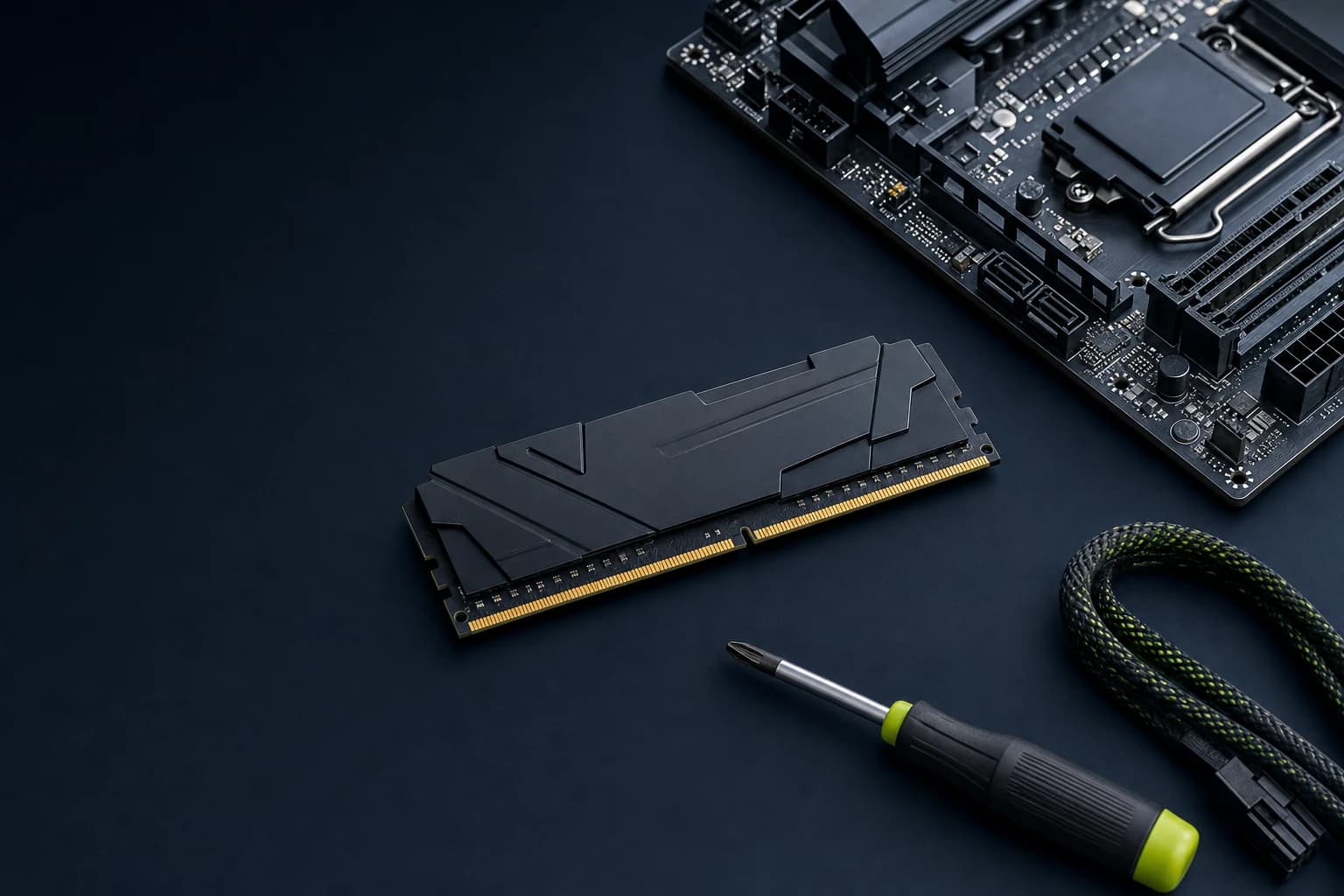 Desktop memory module and motherboard on a dark work surface